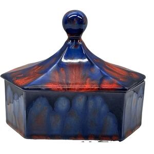 Vintage Blue Hand Painted Ceramic Hexagon Lidded Trinket Box Jewelry Dish Decor